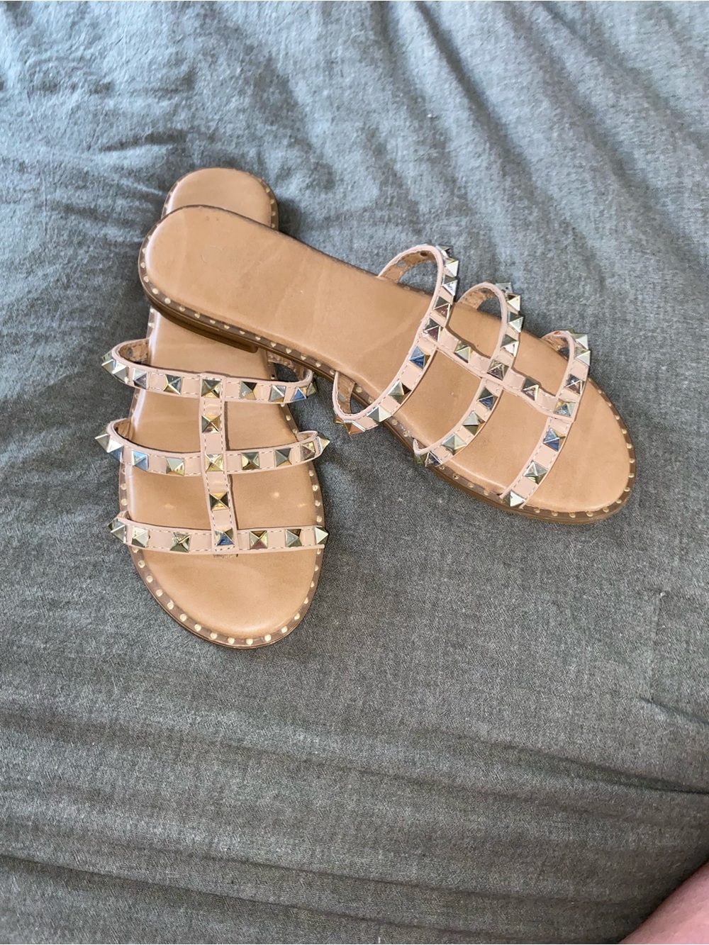Nude Studded Triple-Strap Slide Sandals - Women